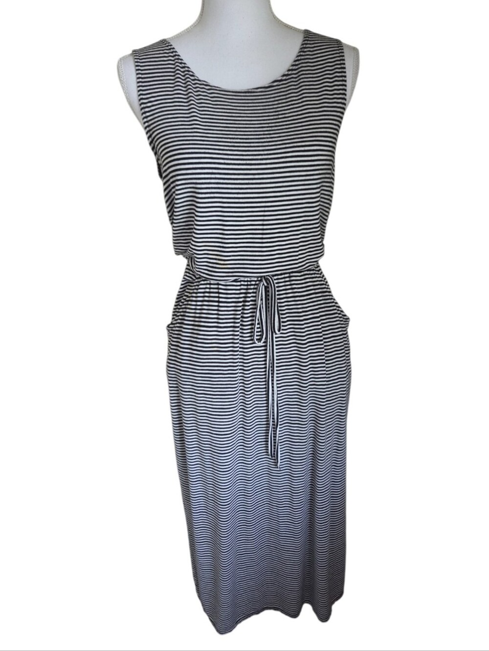 max studio midi dress womens black white stripe sleeveless stretchy size S